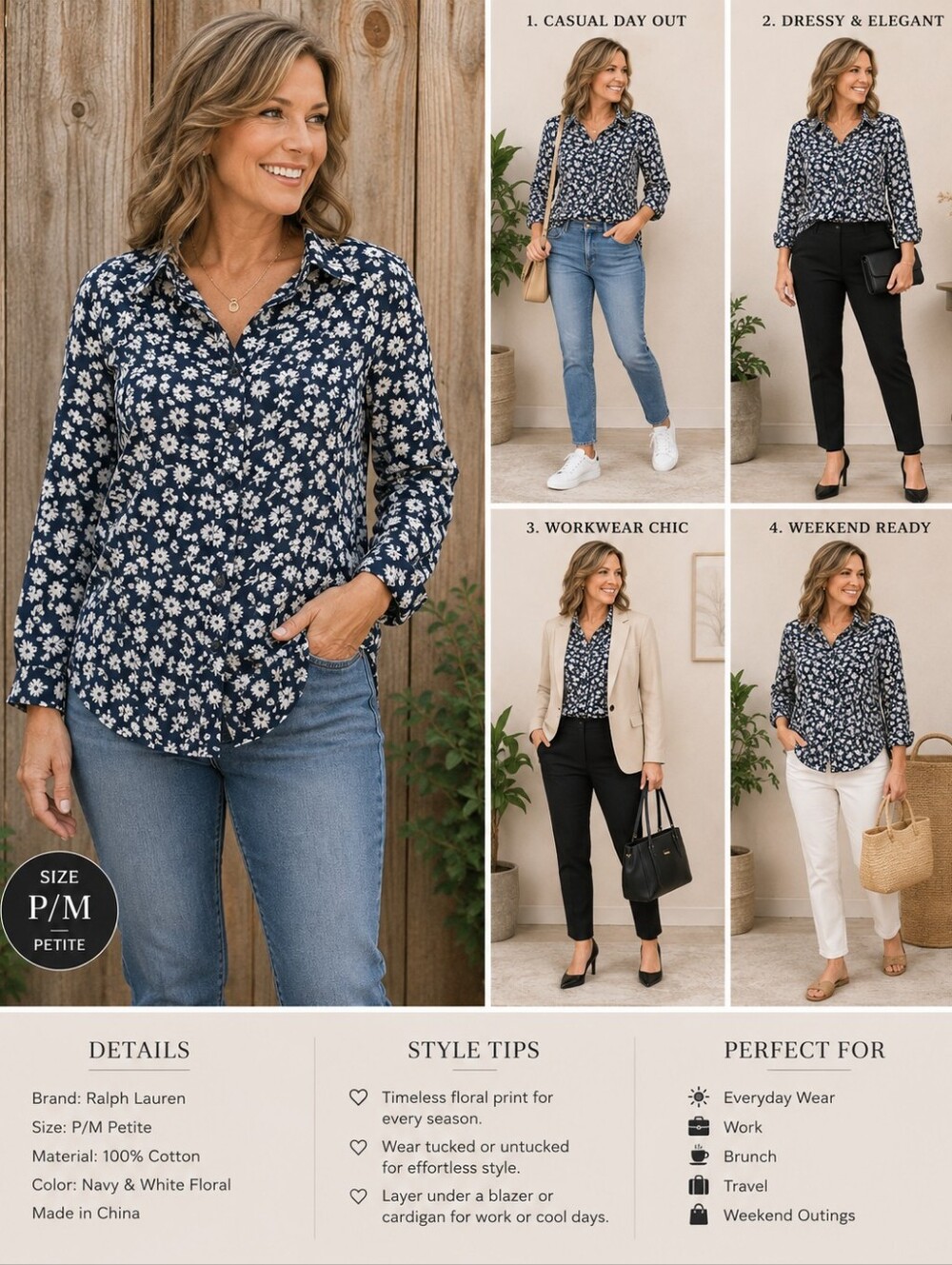 Lauren Ralph Lauren 100%Cotton Women  Floral Long Sleeve Button Down Sz‎ P/M